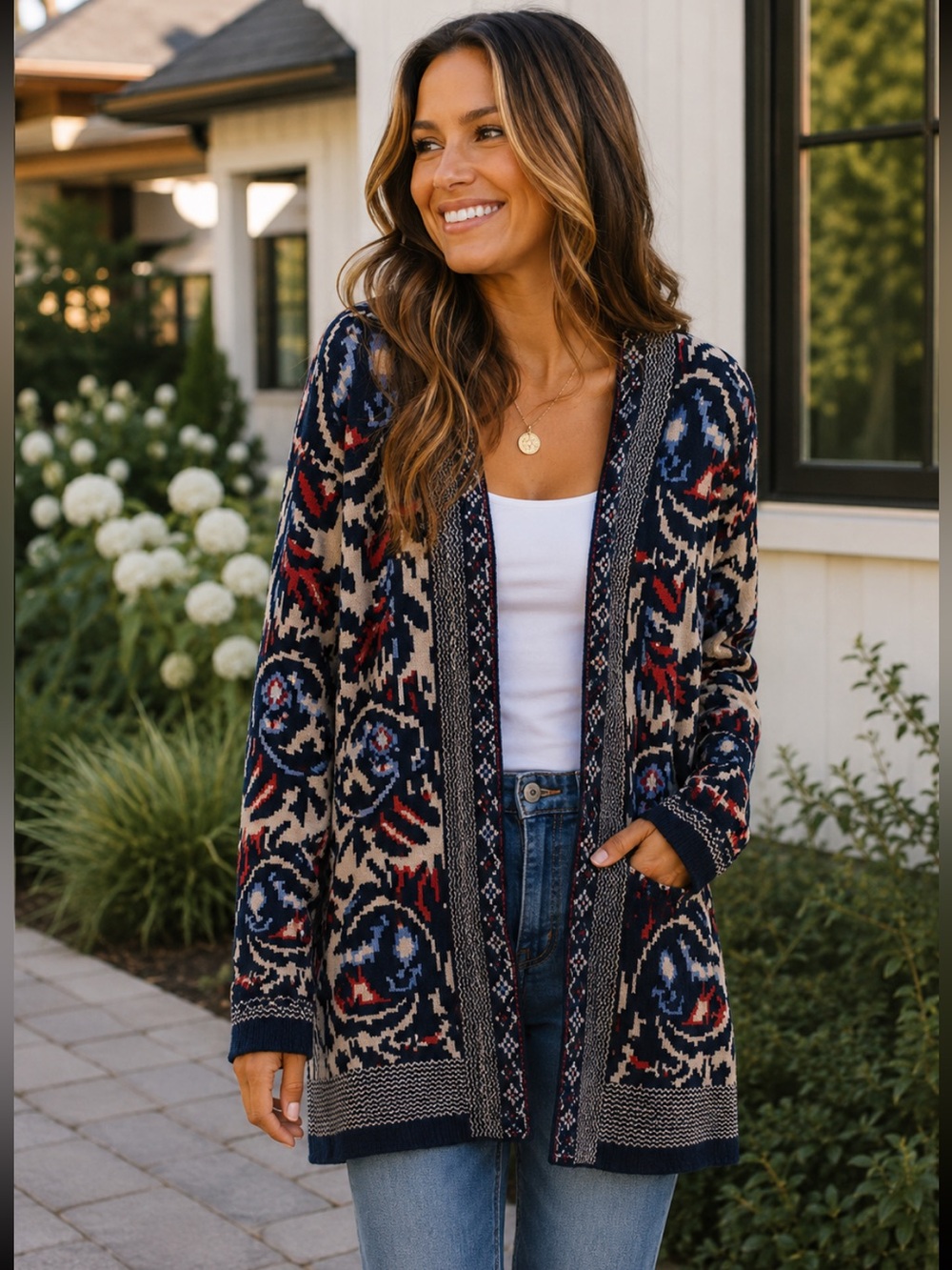 Renuar cardigan sweater woman’s Large multicolor azetec print open front knit